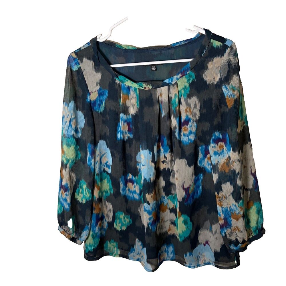 Rafaella Blouse Women's Medium Colorful Round Neck 3/4 Sleeve Sheer Top